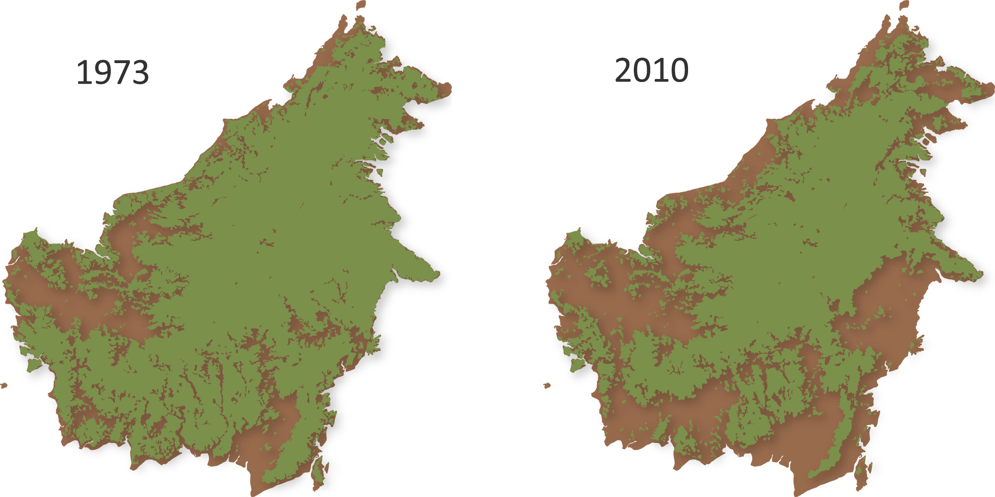 Ontbossing op Borneo tussen 1973 en 2010 | © Gaveau, D. e.a. (2014)